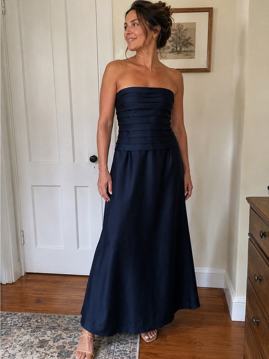 Kristali Dresses & Skirts - Vintage Kristali Pure Silk Navy Black Tie Strapless Gown Set Shawl Formal Custom